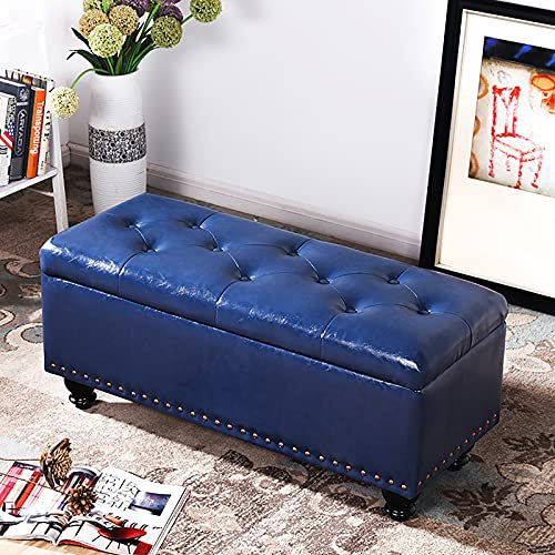 Navy Blue Faux Leather Storage Ottoman Bench with Multifunctional End of Bed Bench for Bedroom and Living Room Modern Home Furniture with Storage Space Footstools and 80x40x45cm Size.