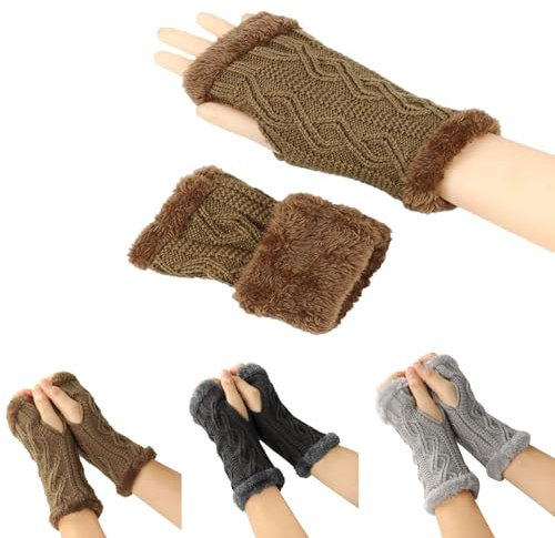 Alxad 3 Paar Winter Gestrickte Handschuhe für Damen, Warme Fingerlose Handschuhe lang Handwärmer Stulpen, Strick Armstulpen Pluswärmer Halbe Handstulpen