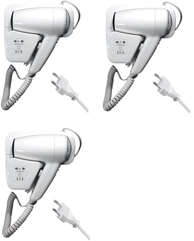 AntDau71® CW512-3 3 Piece Wall Mounted Hair Dryer 1300W for Hotel, B&B, Gym – Professional Hair Dryer with Wall Holder, IP21 Security, Integrated Shaver Socket, White