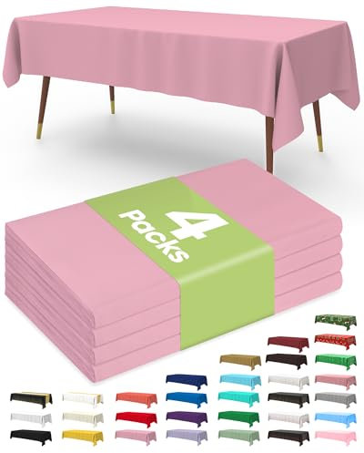 Pureegg Plastic Table Cloth Disposable 4 Pack, 54 x 108 Inch Table Cloths for Parties, Decorative Tablecloths for Rectangle Tables, Pink Plastic Cover, Leakproof & Sturdy, Pink