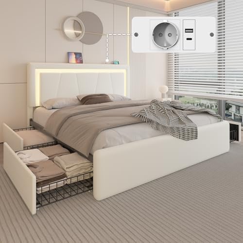 Polsterbett 140x200 mit 4 Schubladen, Ladestation und LED-Beleuchtung, Weiß | Modern Bettgestell 140x200 cm mit Verstellbarem Kopfteil, Metallbett Doppelbett mit lattenrost, Kunstleder, Einfache Montage