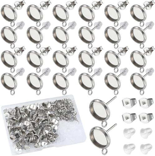 SOFPLATE 1 Box 300 Teiliges Ohrstecker Set 8mm Tablett Cabochon Ohrringfassungen Lünettenbecher Rohlinge Ohrstecker Und Verschluss Aus Edelstahl Mit Ohrringverschlüssen Aus Kunststoff Zur Schmuckhers