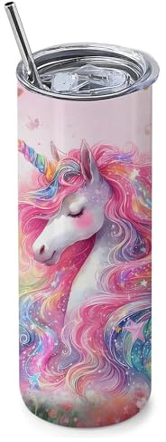 Magical Unicorn Dream – Personalized Rainbow Fantasy Art, Gift for Girls, 20 OZ Stainless Steel Skinny Tumbler, Double Walled Vacuum Insulated with Closed Lid and Metal Straw.