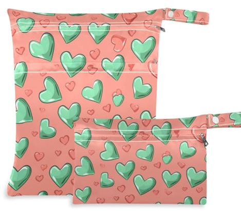 Amooorous Valentine Pink Green Love wiederverwendbare Baby-Nasstasche für Badeanzug mit Griffen für Baby-Windeln, Reisen, 2 Stück