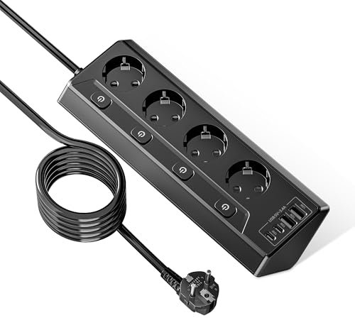 Multiprise avec USB, multiprise avec Interrupteur, Prise escamotable, 2 Compartiments, Prise de Table encastrable, avec câble de 2 m (Noir - Style Table, 4 Prises)