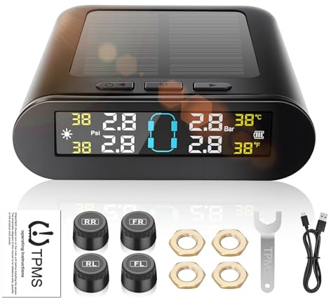 Avutrel Tyre Pressure Monitoring System TPMS Solar Wireless & USB Dual Charging Tyre Pressure Monitor, 5 Alarm Modes, 4 External Sensors, for Caravans Cars SUVs 0-3.5Bar Range, -20℃ to 85℃