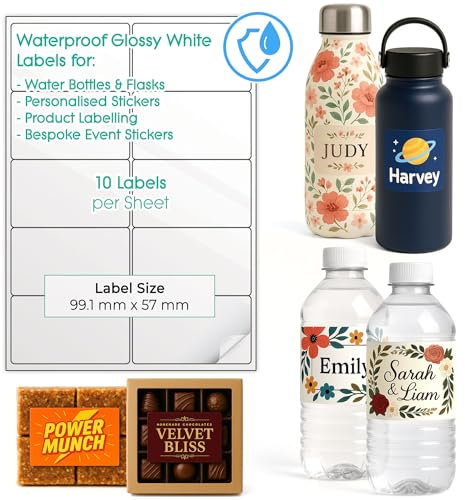 100 Waterproof Printable Labels for Water Bottles (Glossy White, 2 x 5 (10 per Sheet)) – Custom Design Stickers for Small Business – Multiple Sizes Self Adhesive A4 Sheets – Inkjet & Laser Printable