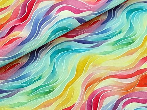 Eigenproduktion French Terry Regenbogen Wellen auf Pastell Meterware Kleiderstoff Nähen