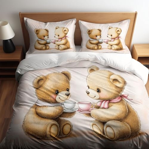 Bettwäsche 135 x 200 cm Niedlicher Cartoon Bär Bettwäsche Bettbezug Set, Weiß Bettwäsche-Sets und 1 Kissenbezug 80 x 80 cm für Kinder Jungen Mädchen