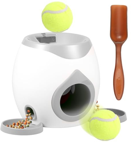 Hund Ball Launcher mit automatischem Leckerbissenspender,Interaktives Hundespielzeug mit 2 Tennisbällen für kleine und mittelgroße Hunde,Langlebiges Hundepuzzle mit langsamer Fütterung(Hellgrau)