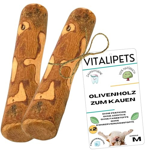 VITALIPETS Olivenholz Hunde Kaustab, Größe M für Hunde 10-15 kg, 2 Stöcke | Zahnpflege & Beruhigung, Splitterfrei Kauholz, 100% Natürlich, Hundespielzeug für Alle Rassen