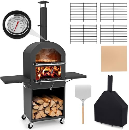 GOPLUS Horno para Pizza para Exteriores, Horno para Pizza Portátil Multicombustible con Ruedas, Piedra de Pizza, Pala, 2 Parrillas, Termómetro, Estantes de Almacenamiento Laterales para BBQ, Fiesta
