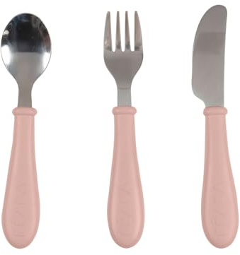 BÉABA, Set of 3 Stainless Steel Learning Cutlery – 2nd Stage, from 12 Months, Easy Grip for Baby, Candy Pink