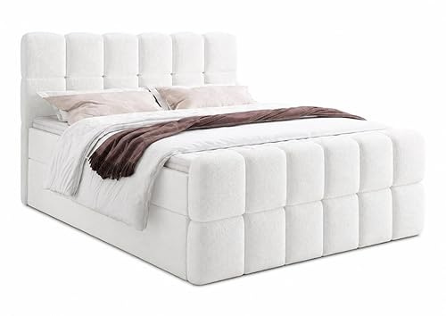 Boxspringbett SELA Kontinentales Polsterbett mit Kopfteil und Fußteil in Bouclé Stoff, Gepolstert, H3, Modernes Designerbett, Weiches Komfortbett, Doppelbett (Weiss: Fredo 25, 160x200 cm)