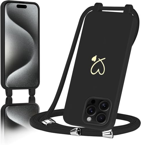AoozeFon Handyband für iPhone 15 Pro Hülle mit Band, Handyhülle Silikon mit Goldenem Herzmuster für iPhone 15 Pro, Abnehmbare Stoßdämpfend Handytasche mit Nylon-Lanyard, Schwarz