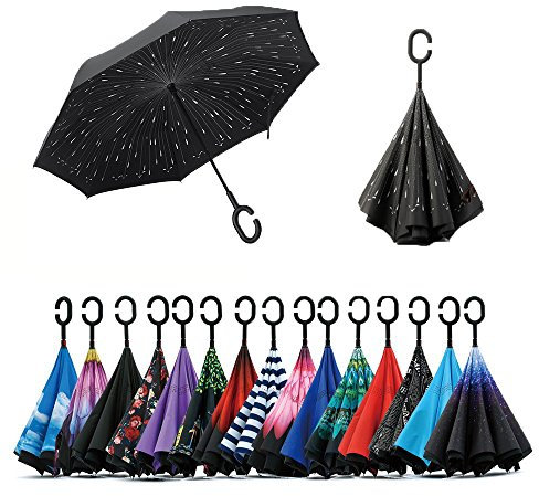Jooayou Parapluie inversé anti-UV, double couche, coupe-vent, parapluie, mains libres, poignée en forme de C, Météore, veux dire
