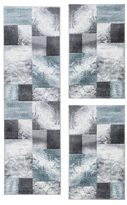 HomebyHome Bettumrandung Schlafzimmer 3 teilig Teppich Blau-2 - Waschbarer Bettumrandung Teppich Läufer Set Extra Flauschig Bettvorleger Schlafzimmer Bettset:2 St. 80x150 cm | 1 St. 80x300 cm