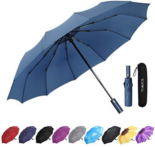 YumSur Parapluie Pliant, Parapluie Coupe-Vent & Ultra-léger, Ouverture et Fermeture Automatique, Parapluie Compact Incassable 12 Baleines pour Homme Femme Voyage avec Sac d'absorption