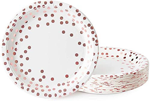 TOPWAYS Platos Desechables Cumpleaños, 48pcs 23cm Oro Rosa Dot Desechables Papel Elegantes Platos Fiesta Vajilla para Decoración Cumpleaños Niño Hombre Mujer, Bodas Aniversarios BBQ (9 pulgadas)