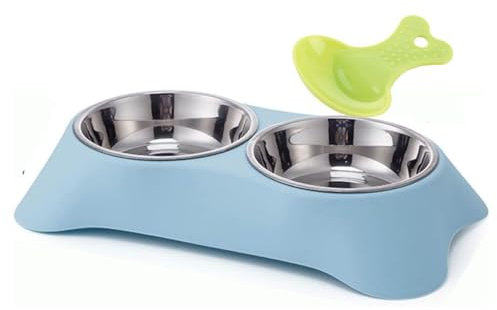 Double Dog Bowl,Non Slip Non-spill Stainless Steel Double Bowl with 1 Pet Food Spoop For Small Dogs and Cats (Blue, M)
