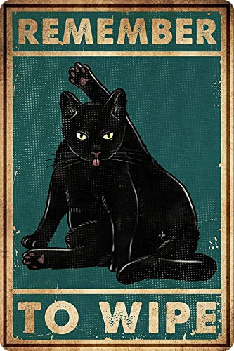 Bestylez Remember to Wipe Funny Black Cat Poster Vintage Cat Bathroom Sign Decor, Aluminum, 12 * 8 (032)