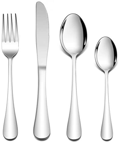 Cutlery Set, Herogo 16-Piece Stainless Steel Silverware Set Service for 4, Mirror Polished Flatware Knife Fork Spoon for Home/Hotel/Restaurant, Dishwasher Safe (Round Cutlery Set)