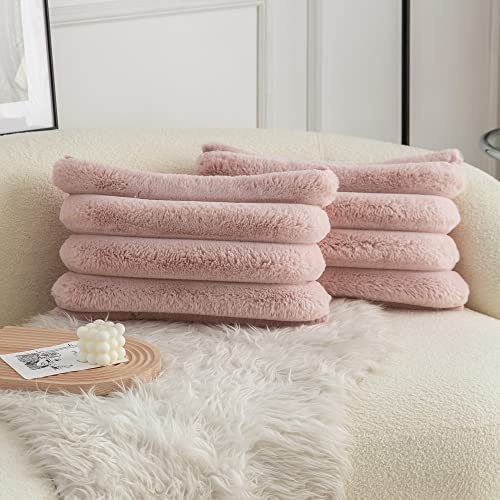 Neelvin 2er Set Plüsch Kissenhülle Kunstpelz Gemütliche Weiche Gestreifte Dekorative Kissenbezug Kissenbezüge Dekokissen Zierkissenbezug Sofakissen Pink 30x50 cm für Sofa Schlafzimmer