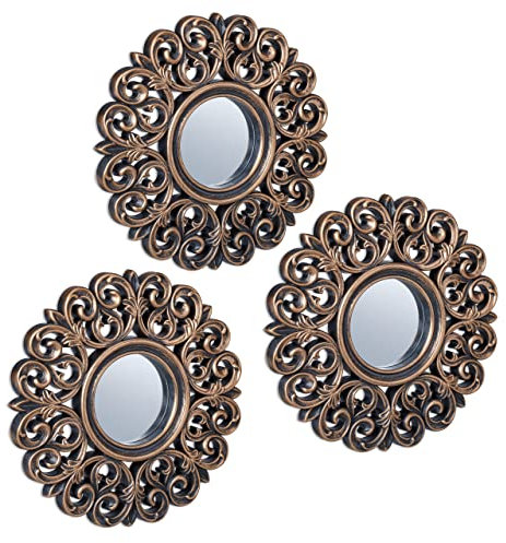 Relaxdays Spiegel 3er Set, barocker Deko-Wandspiegel, Wohnzimmer, Flur, Ø je 25 cm, Kunststoff-Rahmen, Bronze/schwarz