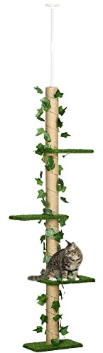 Pawhut Árbol para Gatos de Suelo a Techo de 202-242 cm Torre para Gatos con 3 Plataformas Postes Rascadores Altura Ajustable y Decoración de Hoja de Arce Verde