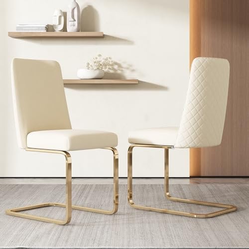 Merax Schwingstuhl 2er-Set, Samt Esszimmerstühle mit Metall-Stützbeinen, bequemer Freischwinger Stühle für Wohnzimmer, Schlafzimmer, Samt, Beige & Gold