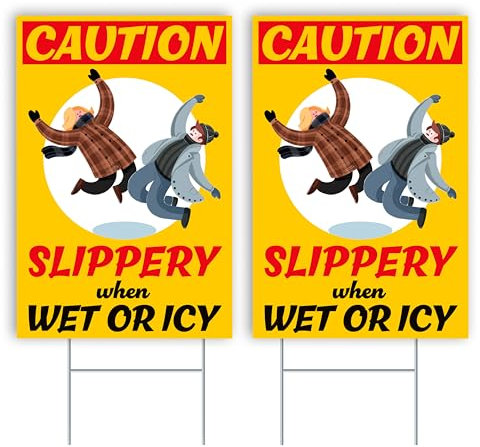 Coroplast Warnschild mit Pfahlen, Aufschrift Caution Slippery When Wet or Icy, 20,3 x 30,5 cm, 2 Stück