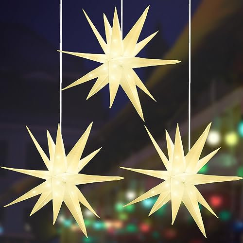 3 Pack 18 Inch Star Lights with Battery Box White Light Up PVC Lantern Hanging Star Ornaments for Outdoor New Year Christmas Wedding Birthday Party Decors