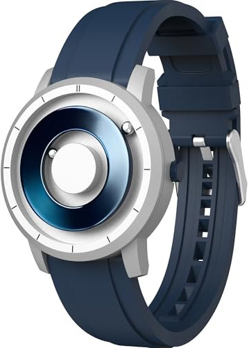 EUTOUR Montres Hommes avec Boules Magnétiques, Cadran Miroir 40MM, Étanche à 5ATM, Cadeau Unique, Montre Analogique à Quartz avec Bracelet en Silicone, Bleu et Argent