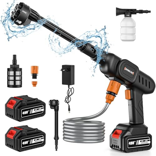 Rondella ad alta pressione a batteria, 60 bar, pulitore ad alta pressione senza fili, con 2 batterie, 6 in 1 multiuso ugello e 180° girevole per pulizia e irrigazione, giardini, auto (con 1 batteria)