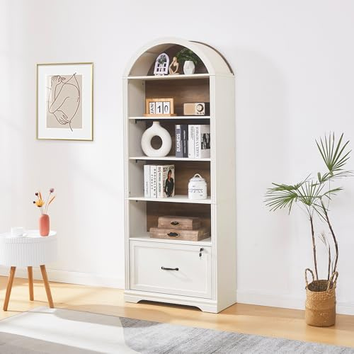 Zounghy Bücherregal mit Türen 70×30×177 cm, Bücherschrank Regal mit 5 Ebenen und Schubladen, Vitrine Hochschrank für Wohnzimmer, Schlafzimmer, Büro, Weiß