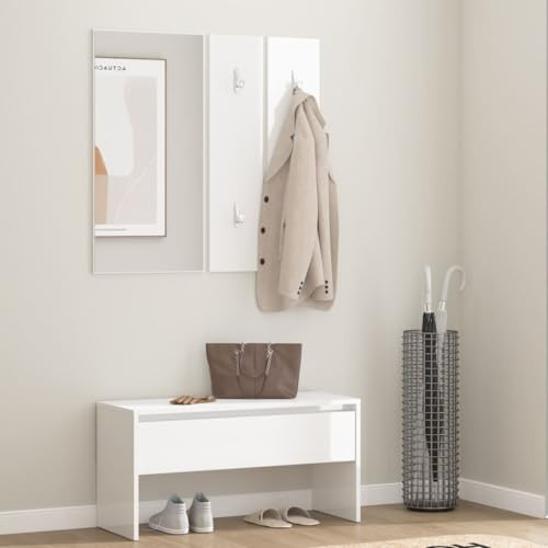 Hommdiy Garderoben-Set Hochglanz-Weiß Holzwerkstoff Wandgarderobe mit Bank Spiegel 2 Garderoben, Flurbank mit viel Stauraum, Garderobe Flurgarderobe