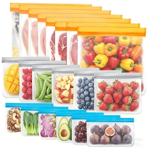 Goodaily Reusable Freezer Bags, 20 Pack, 3 Sizes, PEVA Food Storage Bags | Leakproof BPA- and PVC-free stand-up bags for batch cooking, meat, fruit, sandwiches and snacks; freezer safe to -70°C.