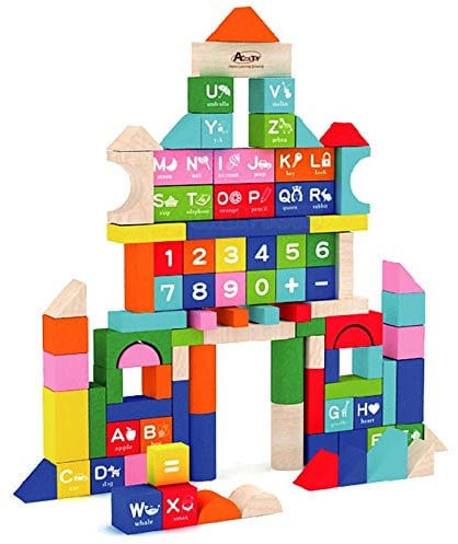 URBN Toys Bausteine für Frühschulbildung, ABC & Zahlen, aus Holz, Bausteine im Eimer mit Sortierdeckel