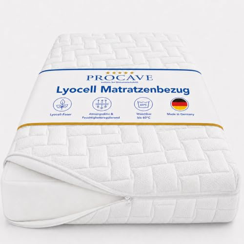 PROCAVE Lyocell Matratzenbezug versteppt, mit 4-Seiten Reißverschluss und 4 Handgriffen, 100% aus Deutschland in 160x200 cm für Matratzen-Höhe 16cm