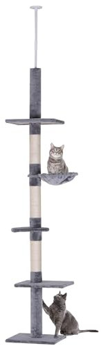 PawHut Kratzbaum Deckenhoch höhenverstellbar, Stabiler Katzenbaum mit Sisalsäulen, Katzen Kletterbaum, Grau, 40 x 34 x 230-260 cm