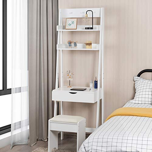 CASART. Ladder Desk with 2 Shelf & Tabletop, Flip Mirror Dressing Vanity Table and Stool Set, Shelving Storage Display Units PC Computer Desk