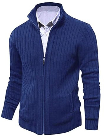 Mens Knitted Cardigan Full Front Zipper Sweater with 2 Side Pockets | Cotton Blended Fabric, Zipper Closure, 2 Slant Pockets, Knit Stand Collar, Elastic Hem, Soft and Warm, Daily Wear
