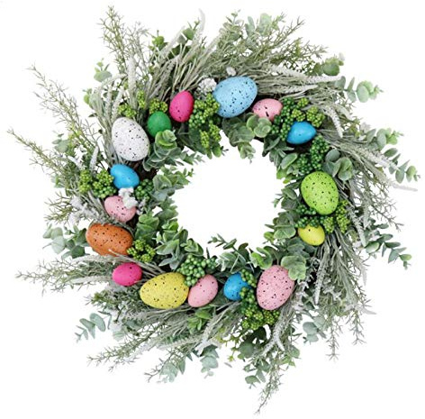 VKTY Osterkranz mit bunten Eiern und grünen Blättern Künstlicher Osterei-Kranz Rustikaler Frühlingskranz für Haustür Wand Osterdekorationen