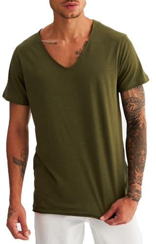 Leif Nelson LN6280 T-shirt d'été pour homme, col en V, coupe ajustée, moderne, en coton, manches courtes, long, kaki, M