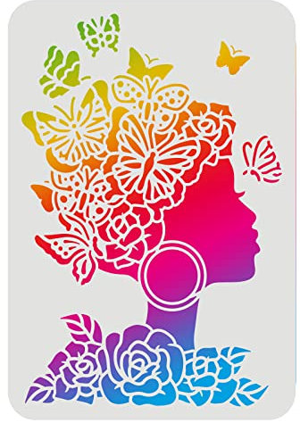 FINGERINSPIRE Frauen-Schablonen 29,7x21cm Frauen-Gesichts-Silhouette-Schablone Blumenmädchen-Rosen-Schmetterlings-Schablonen Mädchen-Gesichtsschablonen zum Malen auf Holz, Boden, Wand und Fliesen