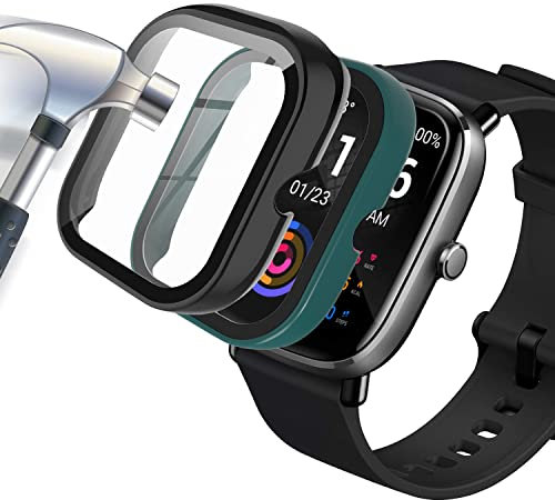Acadeny 2-Stück Hülle Mit Gehärtetes Glas Displayschutz Kompatibles für Amazfit GTS 2 Mini Smartwatch,9H Härte 360° Rundum Schutzhülle Ultradünne Schutz PC Case Cover,schwarz +grün