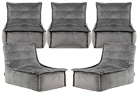 icon Dolce Velvet Lounger Bean Bag Chair Modular Sofa, Charcoal Grey, Set of 5, Giant Beanbag Velvet Chair, Large Bean Bags for Adult with Filling Included, Chaise Longue Beanbag