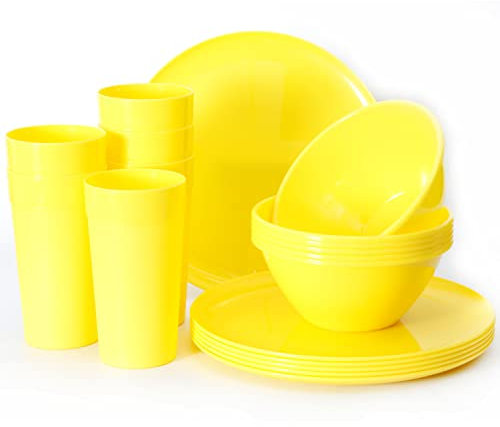 Youngever 18er Set Geschirr aus Kunststoff, Platten (25CM), Schalen (1000ML), Becher (600ML), Dienst für 6 (Yellow)