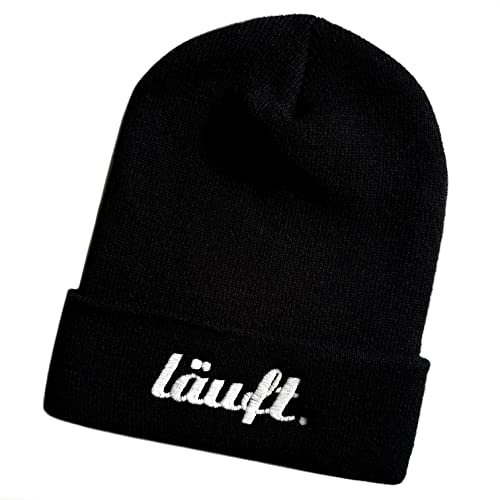 Schnoschi Schwarze Mütze/Strickmütze mit läuft Spruch Bestickt für Damen, Herren, Jugendliche und Kinder, Beanie Wollmütze Hip Hop Wintermütze Rollmütze Streetwear Unisex OneSize
