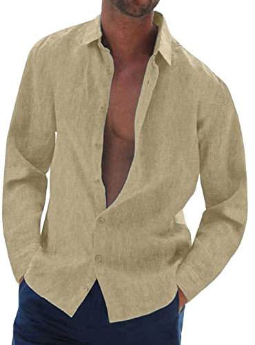 Halfword Camicia Lino Uomo Casual Maniche Lunghe Estate Cotone Collo Hawaiian in Tinta Unita Camicia Vacanze Beach Beige 4XL
